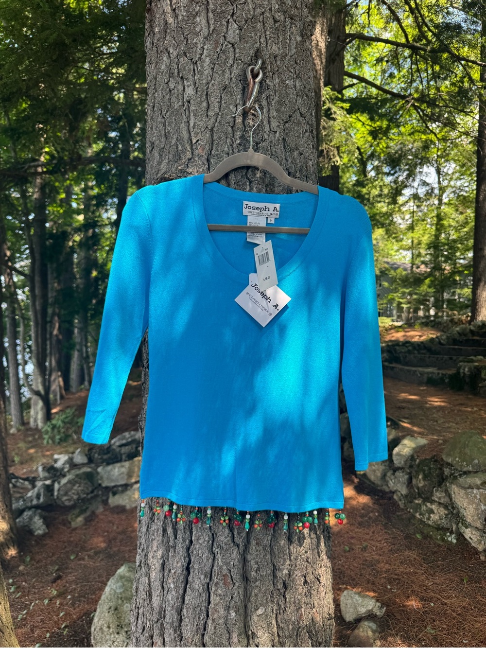 Joseph A Turquoise V-Neck Sweater with Beaded Fringe Hem NWT M